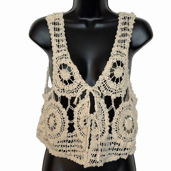 KAILY K BOHO CROCHETED VEST 90s Y2K STYLE TIE FRONT FAIRY COTTAGE GRANDMA CORE L - Picture 1 of 4